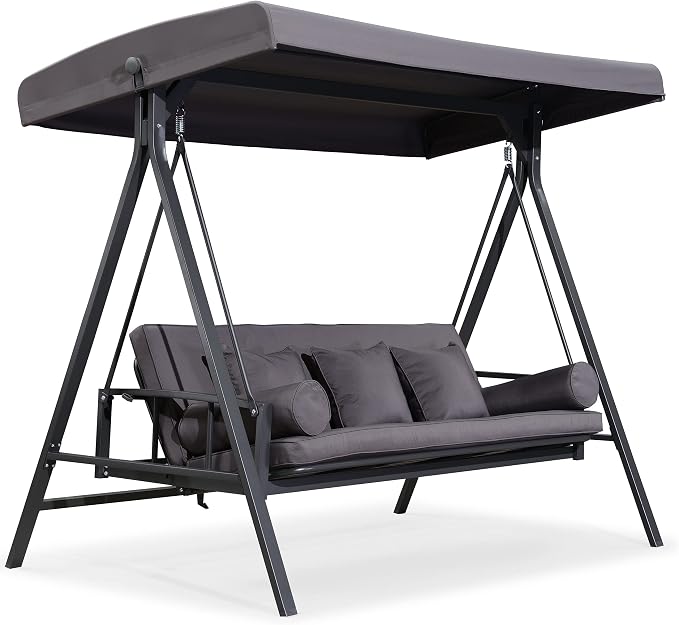 PURPLE LEAF Outdoor Patio Porch Swing Adjustable Backrest, 3-seat Swing Chair by PURPLELEAF