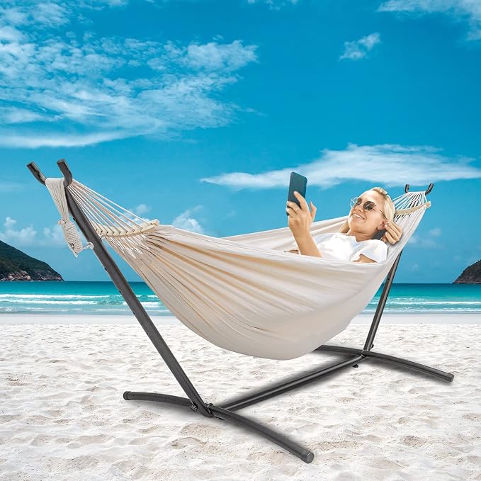 SZHLUX Double Hammock with Stand Included 450lb Capacity Steel Stand, Premium - Image 2