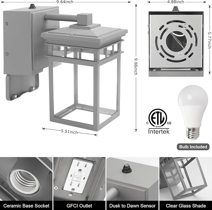 Outdoor Porch Light with GFCI Outlet Built in, Dusk to Dawn Outdoor Lighting - Image 2