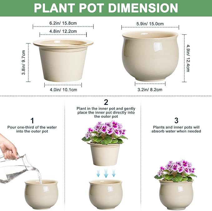 6 Inch Self Watering Pots for Indoor Plants, Ceramic African Violet Pots - Image 2