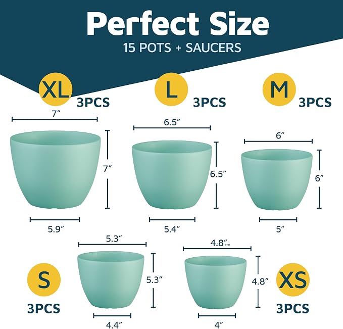Aqua Plant Pots with Drainage Holes & Saucers 15 Pack, Indoor & Outdoor - Image 2