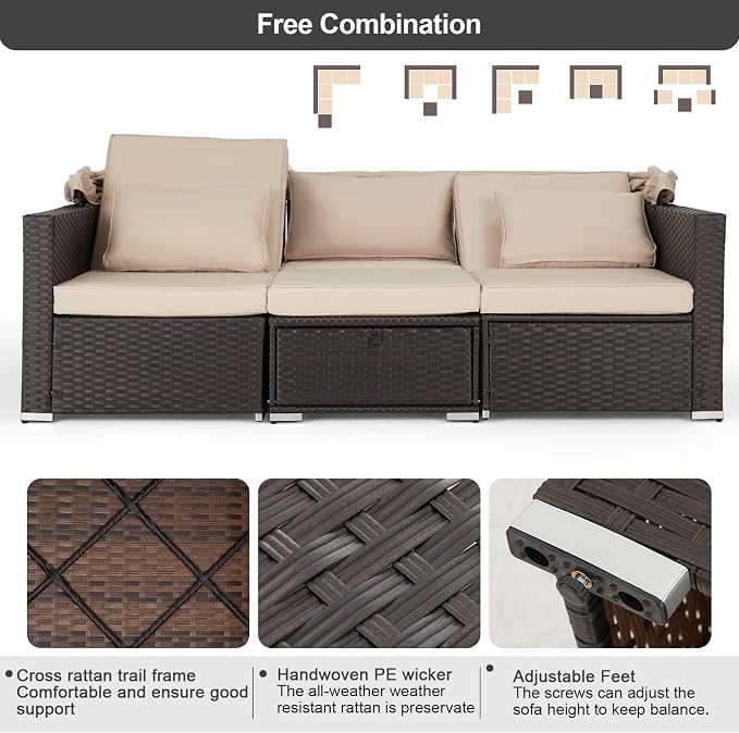 Vicluke 6 Pieces Patio Furniture Sets Outdoor Sectional Sofa Set Rattan Daybed - Image 5