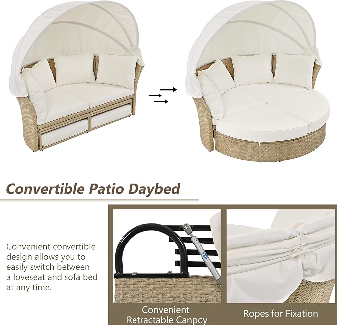 Outdoor Patio Daybed Wicker Rattan Double Daybed Round Sofa Furniture Set - Image 5
