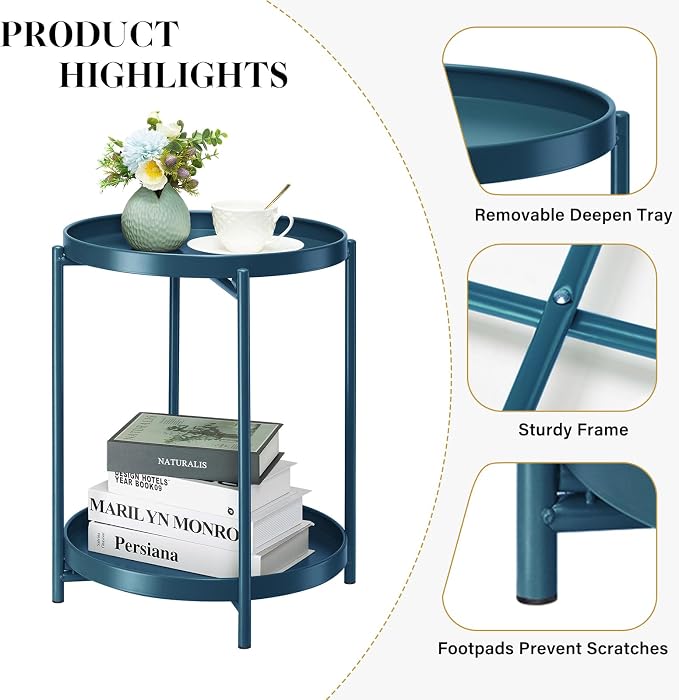 danpinera 2-Tier End Table, Outdoor Side Table Metal Round Side Table - Image 4