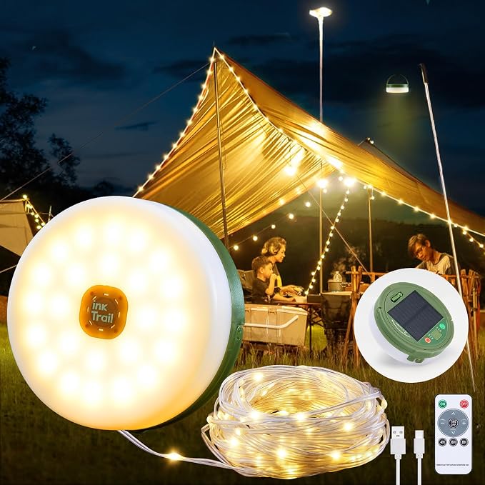 Solar Camping String Lights, Retractable Waterproof 33FT LED Camp Light by InkTrail-EnjoytheOutdoors