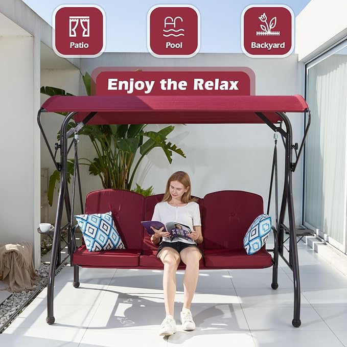 800LBS Patio Swing with Canopy 3 Seat Outdoor Porch Swing with Stand w/Cup - Image 6