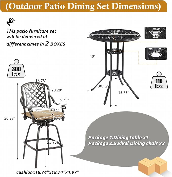 3-Piece Cast Aluminum Patio Bar Set, Outdoor Round High Top Table & 2 Swivel - Image 3