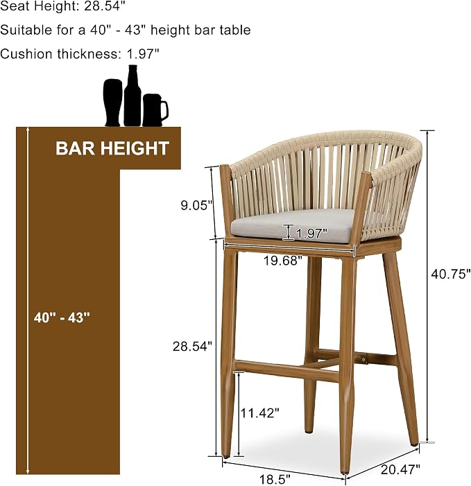 PURPLE LEAF Outdoor Bar Height Stools Set of 2 Patio Metal Modern Wicker Bar - Image 2
