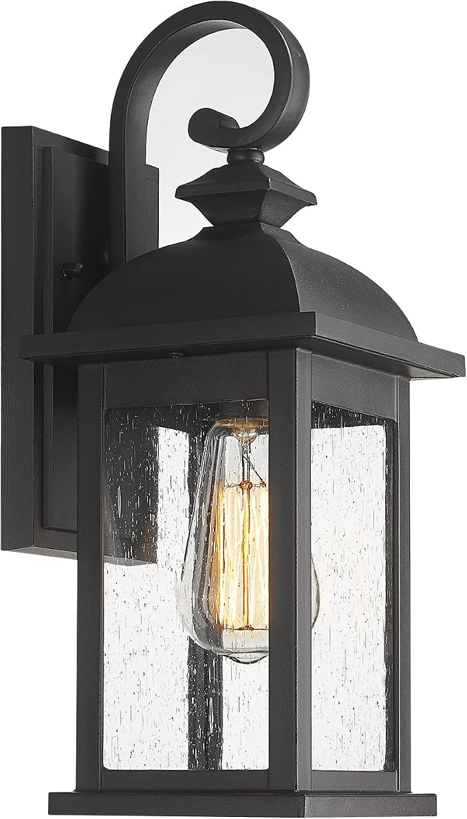 FEMILA Outdoor Wall Sconce, 14.9" Matte Black Seeded Glass Outdoor Sconce Lights by FEMILA