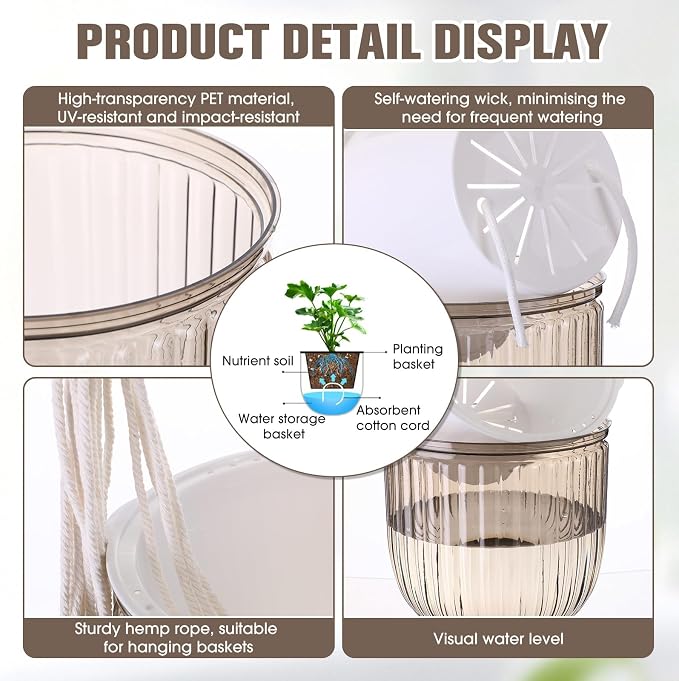 6 Pack Self Watering Hanging Planters Indoor Flower Pots Visible Water Level - Image 3