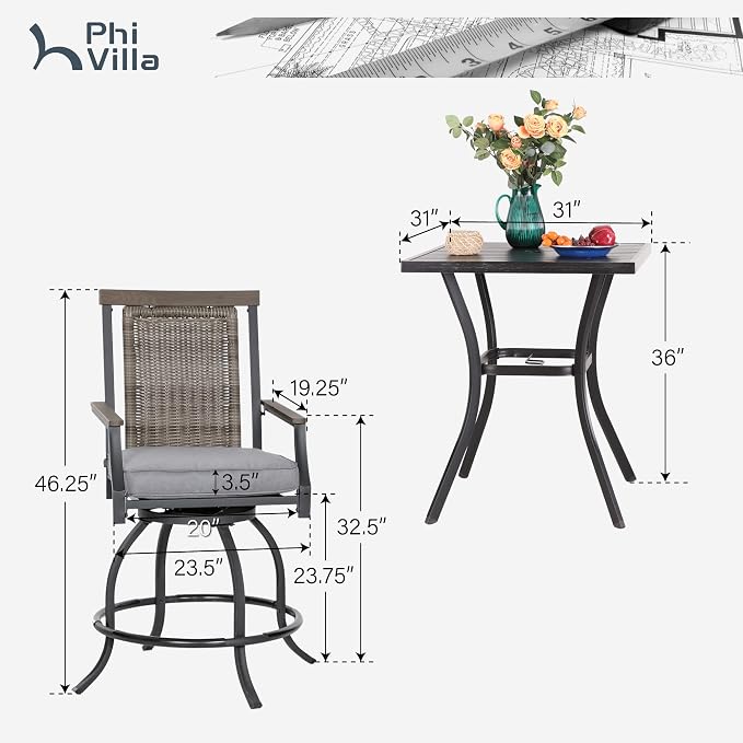 PHI VILLA 3 Piece Outdoor Bar Furniture Set, Counter Height Patio Bar Bistro - Image 7