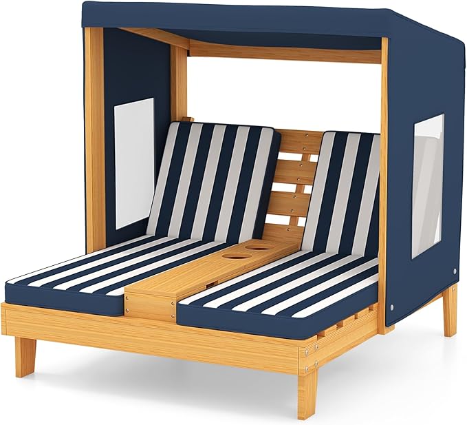 Costzon Kids Lounge Chair Outdoor, Wood Double Seat Chaise Lounge - Image 9