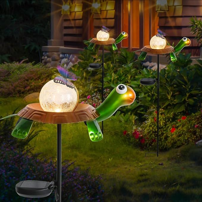 Afirst Solar Lights Outdoor Decorative Metal Turtle Crackle Glass Globe - Image 4