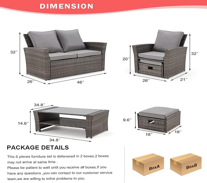 GYUTEI 6 Pieces Patio Furniture Set, Outdoor Sectional Conversation Rattan Sofa - Image 5