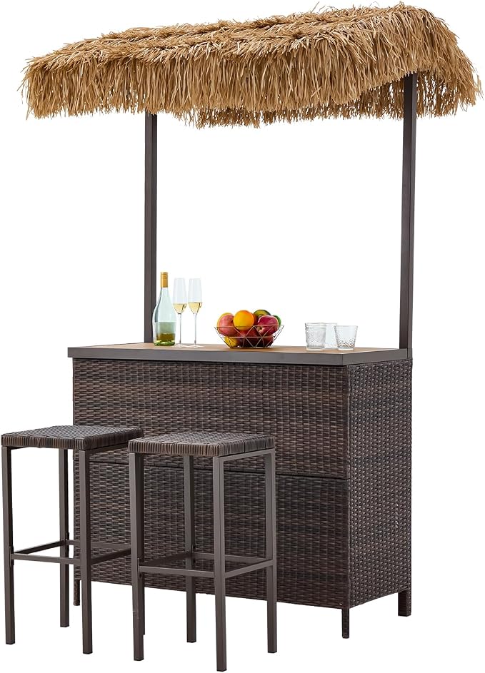 HOMREST Outdoor Tiki Bar Set, 3 Pieces Wicker Patio Bar Set w/2 Height Stools - Image 9