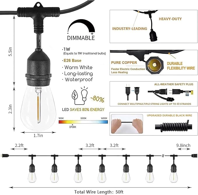Svater Outdoor String Lights 150FT, E26 Socket, 1 Watt Dimmable 2700K Warm White - Image 7