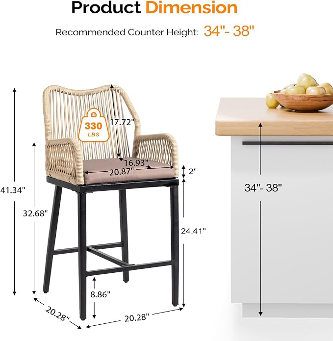 VINGLI Outdoor Counter Height Bar Stools Set of 2, Rattan Outdoor Barstools - Image 6