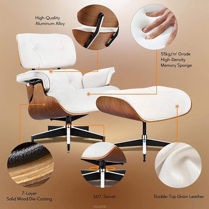 Top Grain Leather, Mid Century Chaise Lounge Chair and Ottoman, Reading Chair - Image 6