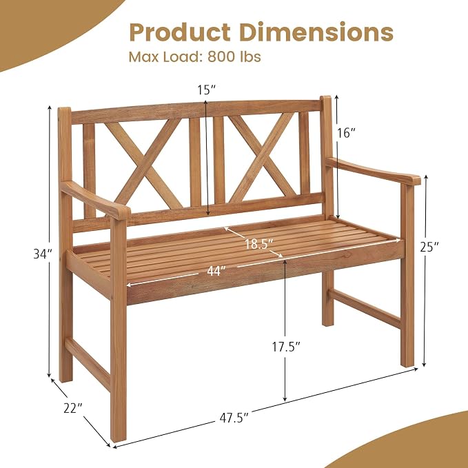 COSTWAY Outdoor Wooden Bench, Outdoor Acacia Wood Loveseat - Image 3