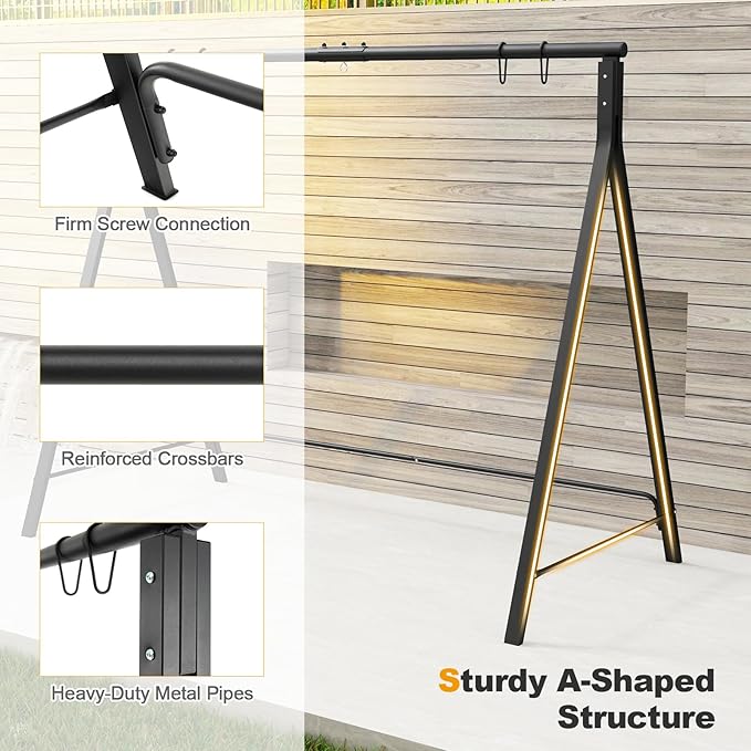 Tangkula Porch Swing with Stand, Wood Hanging Patio Swing with 2 Cupholder & - Image 5