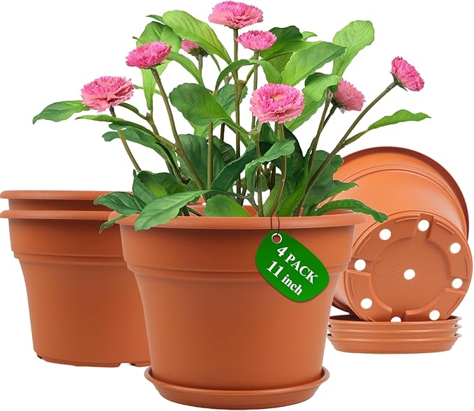 11 Inch Plastic-Flower-Pot-for-Indoor-Plants, 4 Pack Large Outdoor Planter Pot by Pottiffe