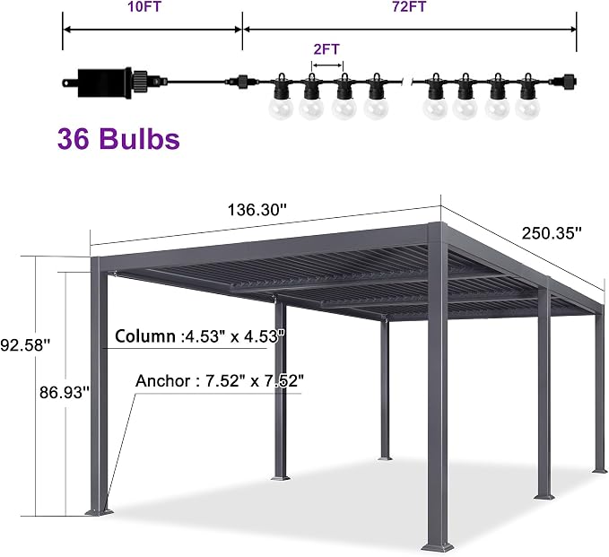 PURPLE LEAF Louvered Pergola w/Light 11' x 21' Aluminum Outdoor Pergola - Image 9