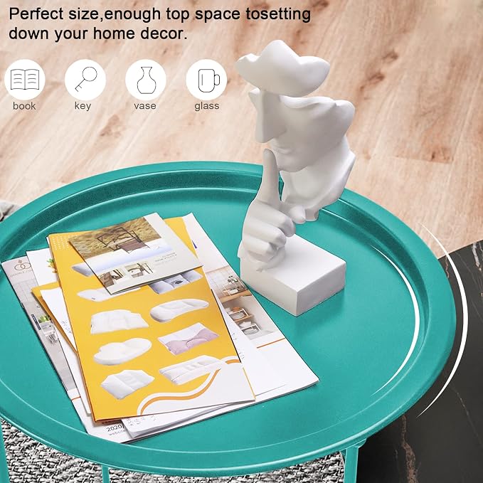 Garden 4 you End Table Metal Side Table Green Round Folding Tray Cyan Sofa - Image 7