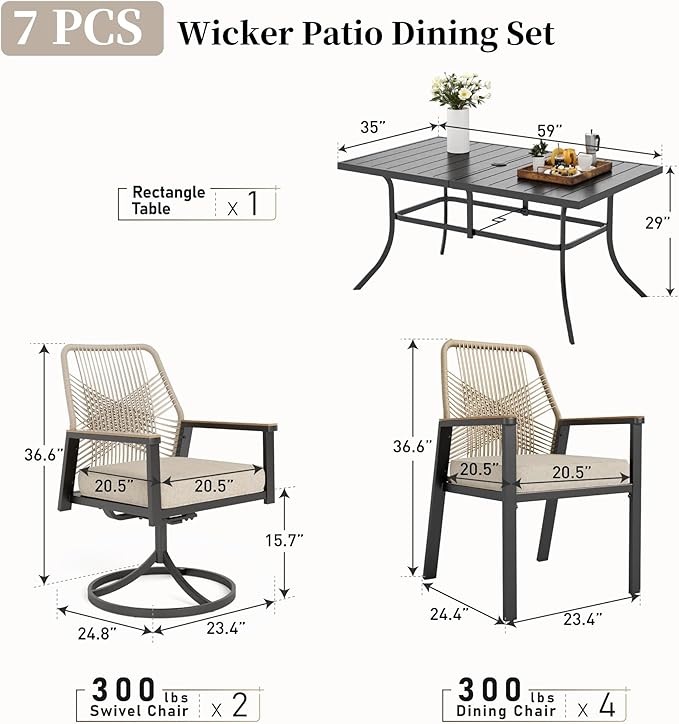 Patio Dining Set 7 Piece, 4 Woven Rattan Fixed Chairs and 2 Swivel Chairs - Image 3