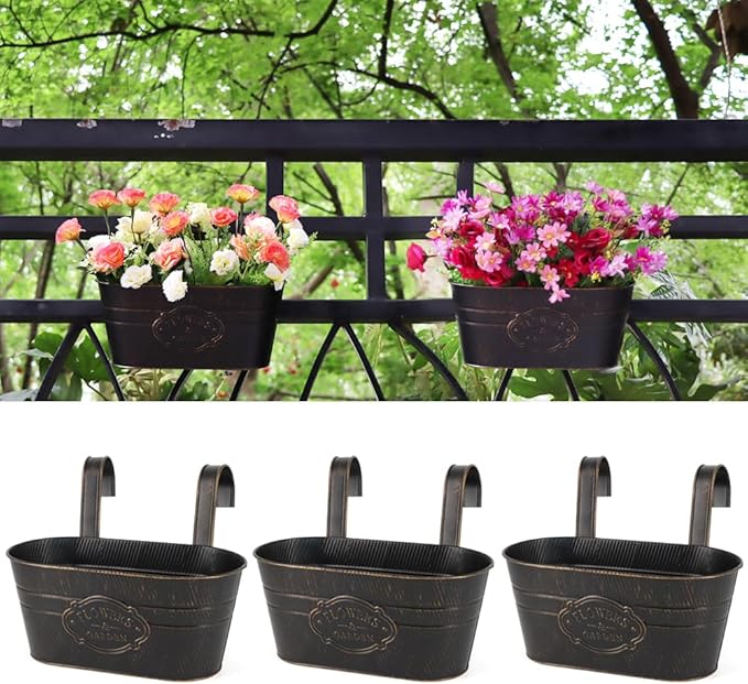 3 Pack Metal Railing Planters, 10.5" Oval Hanging Flower Pots by MeltsetM