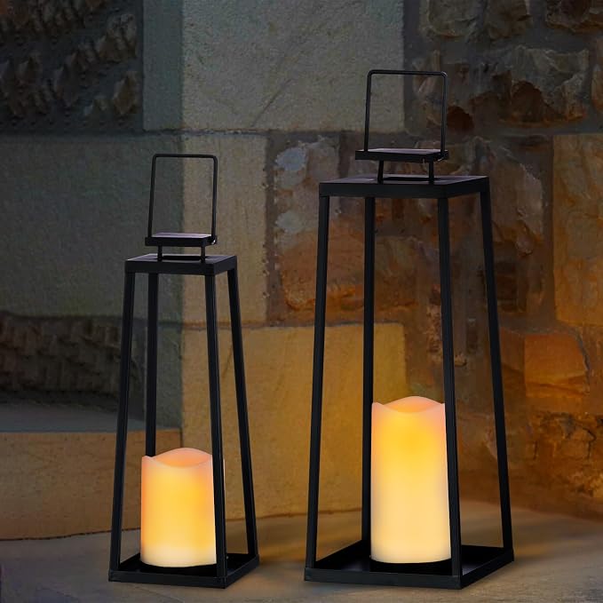 Solar Lantern Decorative Outdoor Set of 2 Modern Black Metal Lanterns - Image 7