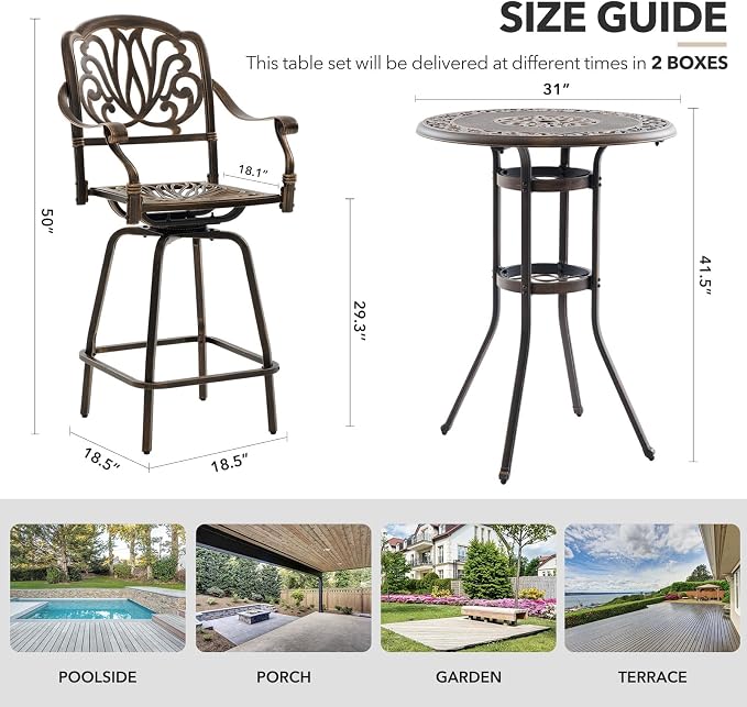 3 Piece Swivel Outdoor Table and Chairs Bar Set, All-Weather Cast Aluminum - Image 7