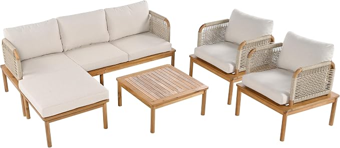 5-Piece Acacia Wood and Rope Patio Sofa Set, Outdoor Conversation Set - Image 8