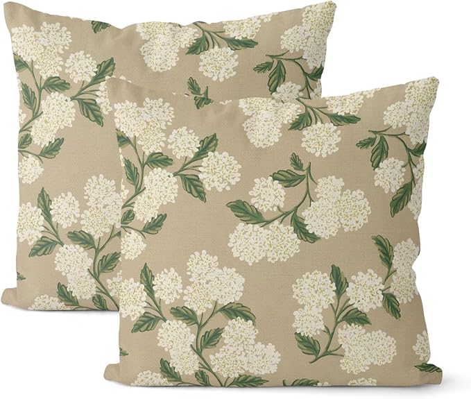 Beige Spring Pillow Covers 24x24 Inch 2 Pcs Khaki Green Hydrangea Flower Decor by DAFENA
