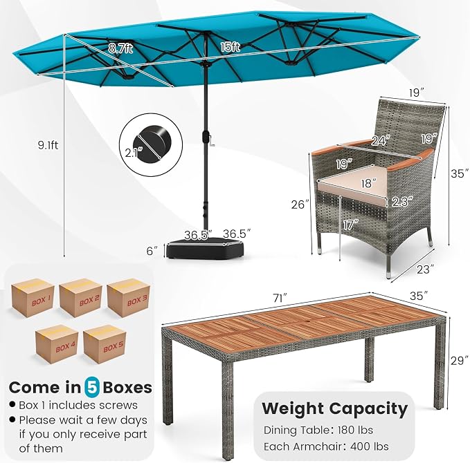 Tangkula 10 Pieces Patio Wicker Dining Set w/Double-Sided Patio Umbrella - Image 4