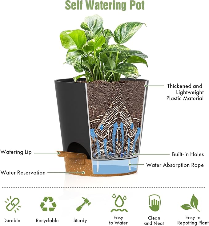 4 inch Self Watering Pots for Indoor Outdoor Plants, 6 Pack Plastic Flower - Image 5