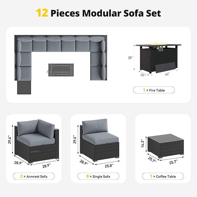 Aoxun Patio Furniture Set with Fire Pit Table, 12 Piece Outdoor Sectional Sofas - Image 7