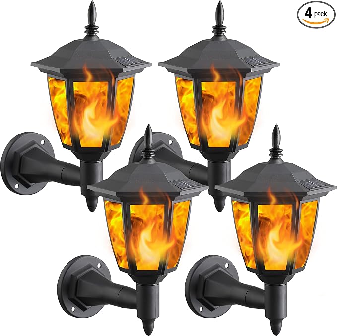Dynaming 4 Pack Solar Flame Wall Lanterns Outdoor, Solar Powered Wall Mounted by Dynaming