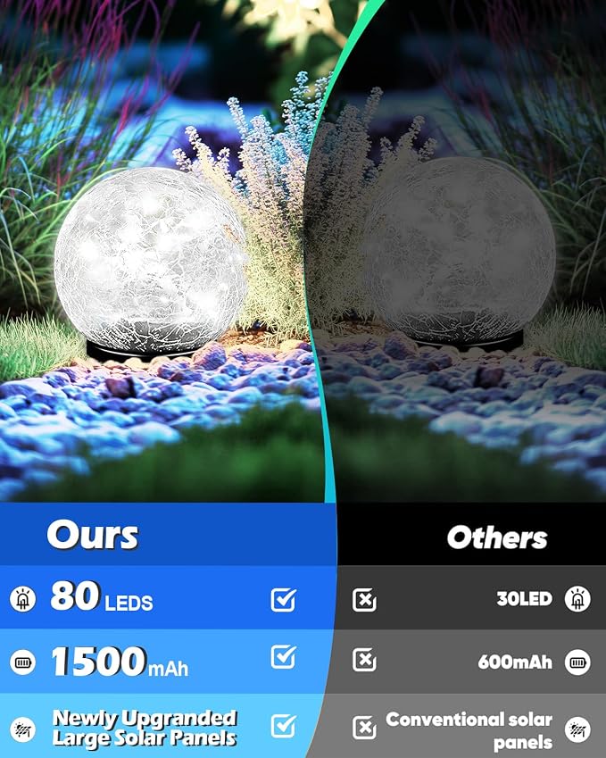 Coroor Garden Solar Ball Lights Outdoor Waterproof, 80 LED Cracked Glass Globe - Image 3