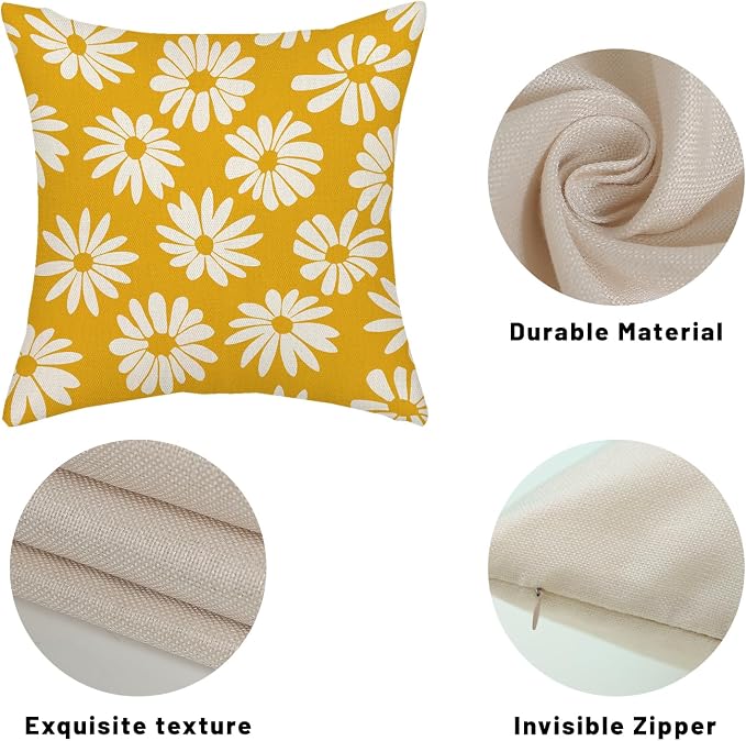 Mustard Yellow Pillow Covers 18x18 Inch 2 Pcs Daisy Floral Summer Outdoor Decor - Image 7