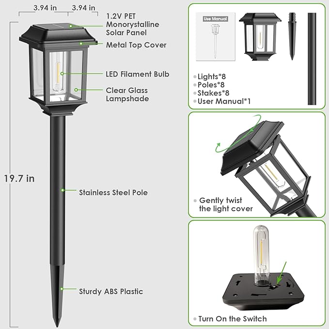 Mancra Solar Outdoor Lights Waterproof, 8 Pack Metal Glass Solar Pathway Lights - Image 7