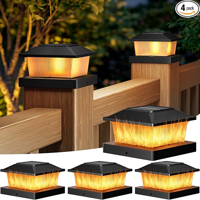 btfarm 4x4 Solar Flame Post Cap Lights Outdoor, 4 Pack Flickering Flame Fence by btfarmdecorativelighting