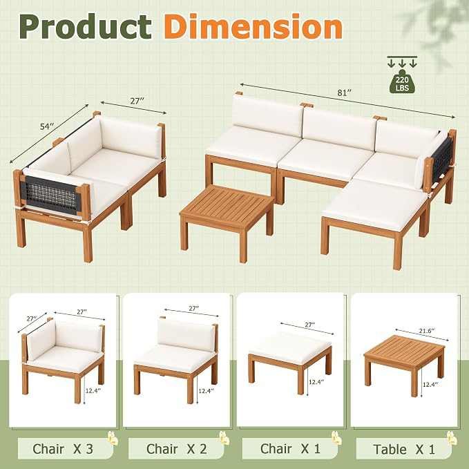 Devoko 7 Piece Acacia Wood Patio Sofa, Outdoor Sectional Coach and Love Seat - Image 3
