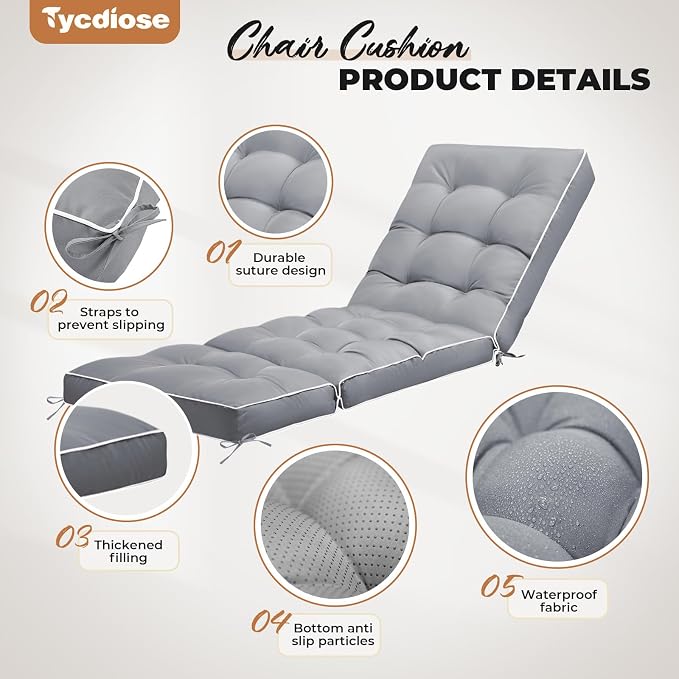 Outdoor Chaise Lounge Chair Cushion, Non-Slip Patio Chaise Lounge Cushions - Image 5
