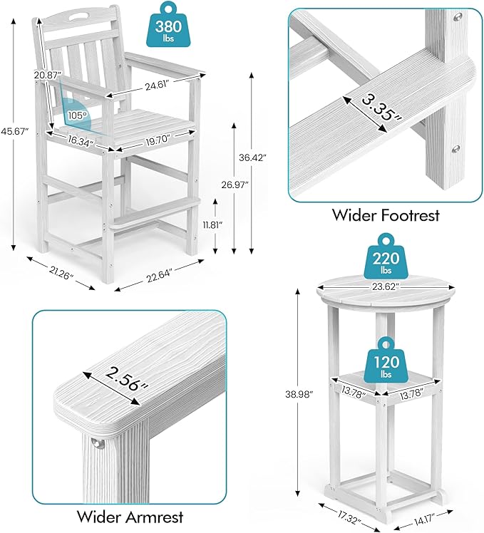 Ciokea 3-Pcs Bistro Table and Chairs, All-Weather Round High Top Bar Table - Image 6