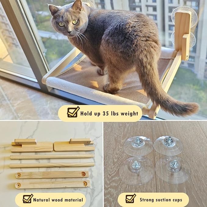 Foldable Cat Window Perch, Natural Wood, 16.5''×12'' Hammock, 35 lbs Weight - Image 5