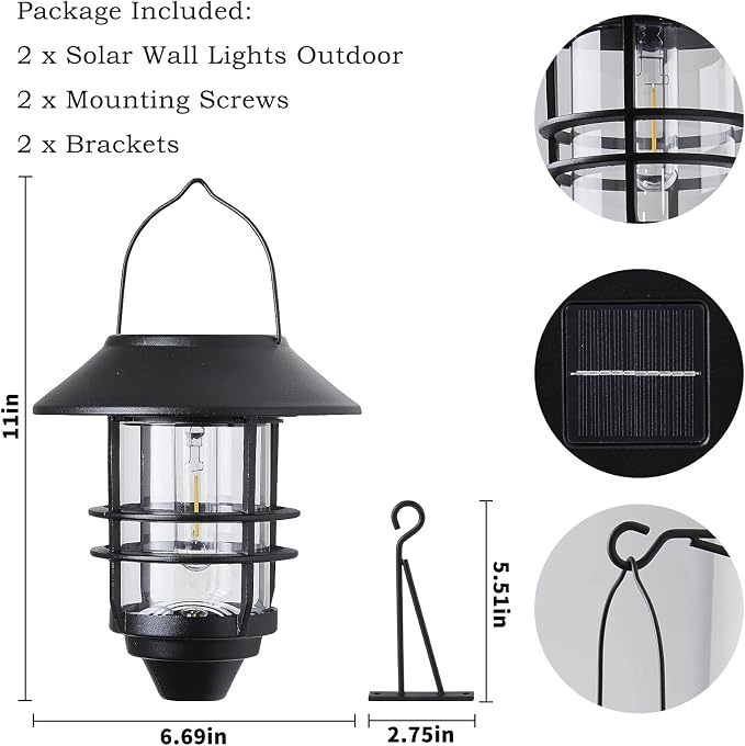 2 Pack Solar Wall Lanterns Outdoor Waterproof Hanging Solar Wall Lights Glass - Image 6