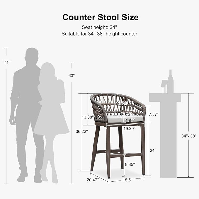 PURPLE LEAF Outdoor Rattan 24" Counter Height Bar Stools Chair Set of 2 - Image 2