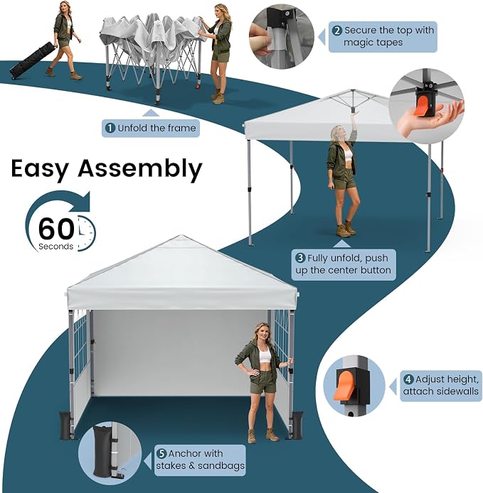 Pop Up Canopy Tent with Sidewalls, 10x10ft 10 Person Party Tent One Push Setup - Image 4