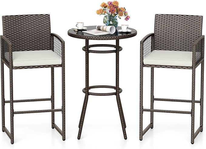 Tangkula 3 Piece Patio Bar Set, Outdoor Heavy Duty Wicker Bar Height Table & 2 by TANGKULA