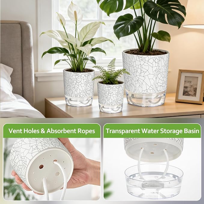 3 Pack Self Watering Pots for Indoor Plants, 4+5.5+6.3 Inch Self Watering Plant - Image 3